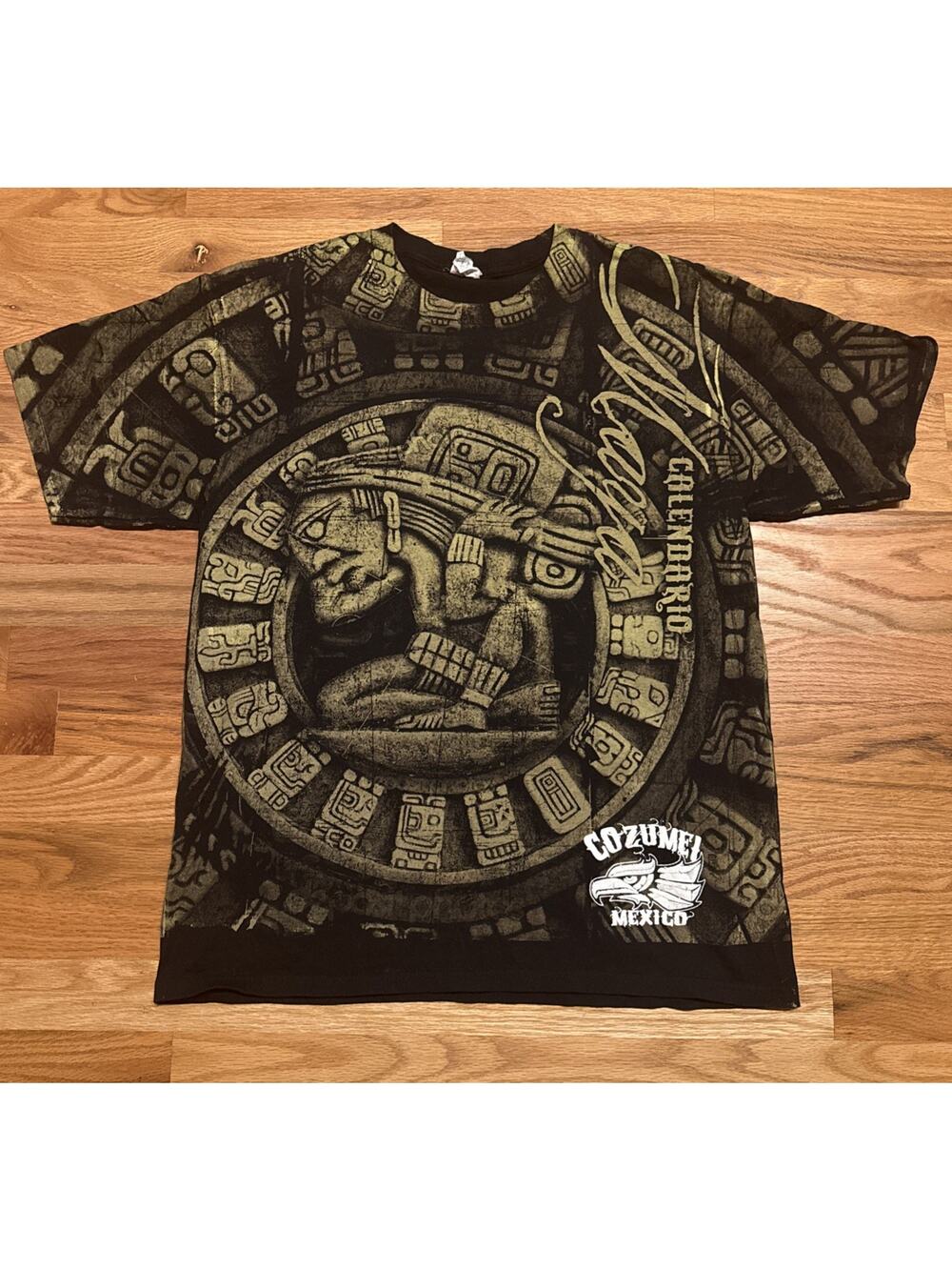Vintage Yazbek AOP Shirt Mens Large Crewneck Graphic Aztec Maya Calendario Black